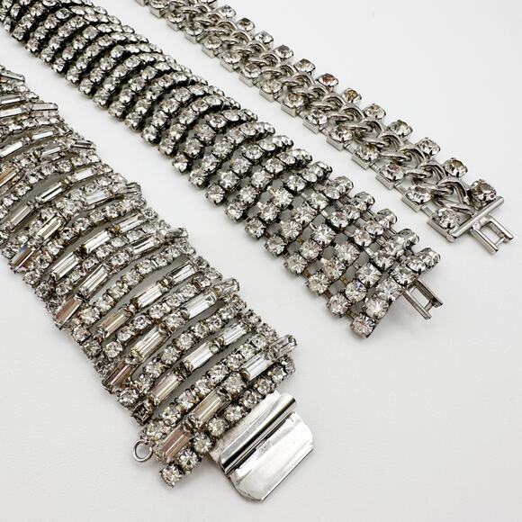 Vintage Rhinestone Tennis Bracelet Trio 1950s Glam Sparkle - Picture 5 of 13